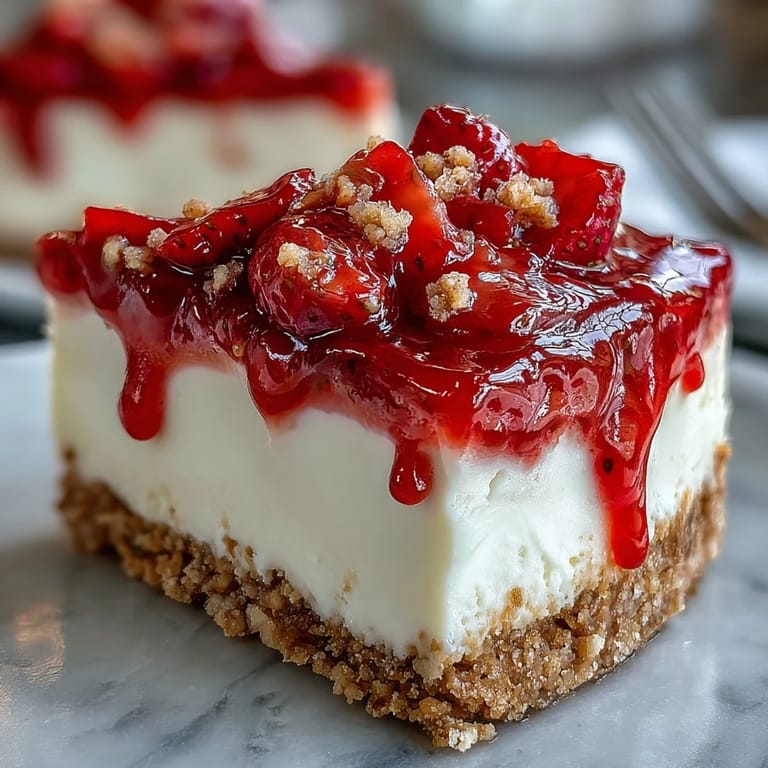 A rich, creamy no-bake cheesecake with a crisp crust, adorned with a sweet-tart strawberry sauce for a refreshing dessert.