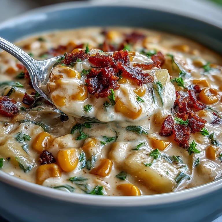 Hearty cabbage corn chowder with smoky bacon, potatoes, and fresh herbs, served steaming hot and inviting.