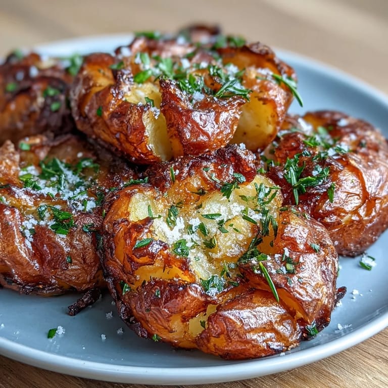 Crispy smashed potatoes garnished with parsley, offering a satisfying texture contrast for your next family dinner.