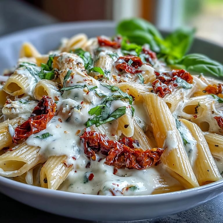 Hearty marri me pasta featuring vibrant sun-dried tomatoes.