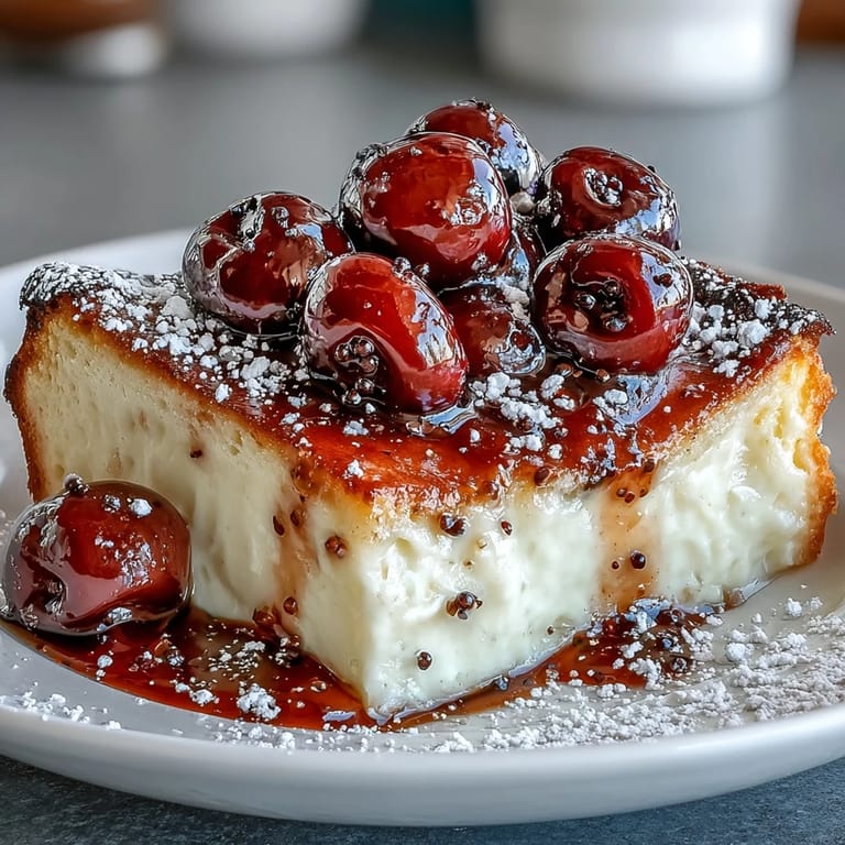 Juicy Fresh Cherry Clafoutis, an elegant French dessert with vanilla notes, ready to serve.