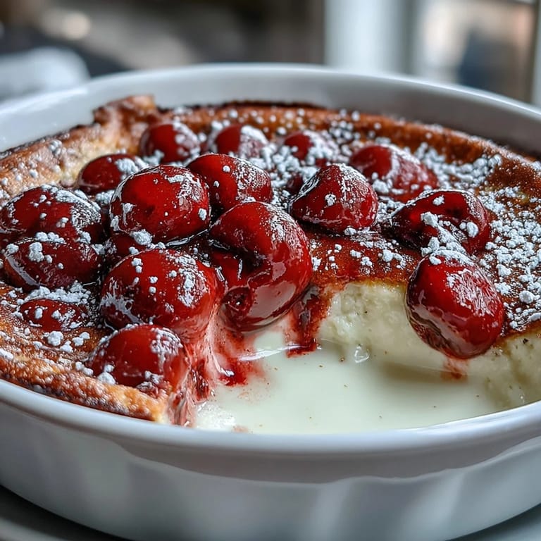 Classic cherry clafoutis, warm from the oven, dusted with confectioners' sugar.