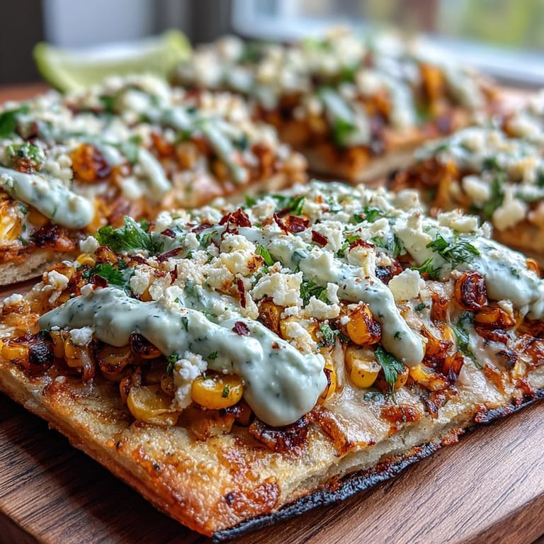 Savory street corn flatbread, perfectly charred and ready for Cinco de Mayo feasting.