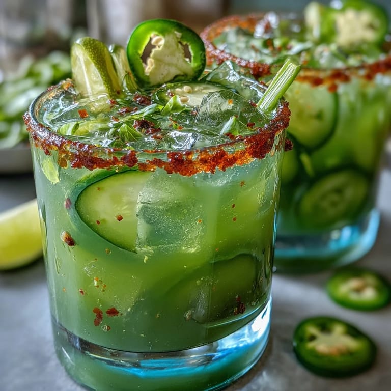 A bright, flavorful pickle margarita mocktail topped with a zesty jalapeño salt rim.