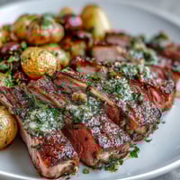 A perfectly roasted rack of lamb rests beside golden baby potatoes tossed with green olives and herbs.