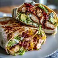 Golden-seared Crispy Chicken Bacon Wrap stuffed with bacon, cheddar, lettuce, and tomato on a warm tortilla.