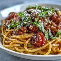 Italian Drunken Noodles served in a shallow bowl, featuring spaghetti tossed with browned sausage pieces, blistered cherry tomatoes, and fresh basil in a rich red wine sauce.