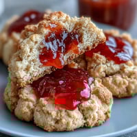 Fresh strawberry jam thumbprint cookies with golden edges and vibrant red centers, ready for a sweet afternoon treat.