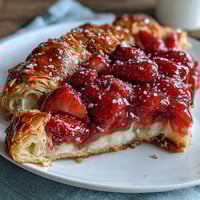 Rustic strawberry galette with frangipane filling, golden pastry edges folded over juicy berries.