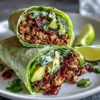 Healthy Easy 15-Minute Turkey Taco Lettuce Wraps with savory turkey filling in crisp lettuce cups, garnished with fresh cilantro and diced avocado.  