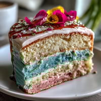 Delicate ombre pastel cake with soft pink, yellow, and green layers, crowned with fresh edible flowers for a spring celebration.