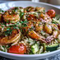 One-pan lemon butter shrimp and orzo with cherry tomatoes and zucchini, served in a skillet with fresh parsley.