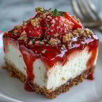 No-bake strawberry cheesecake with a buttery graham cracker crust and a vibrant, glossy strawberry sauce on top.  