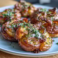 Crispy smashed potatoes with golden edges, seasoned with garlic and fresh herbs, perfect for a hearty side dish.  