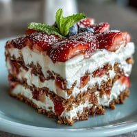 Memorial Day No-Bake Icebox Cake with Strawberries showcasing vibrant red fruit layers.
