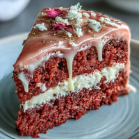 Elegant pink velvet cake infused with rosé wine, adorned with shimmering gold drip for a bridal shower centerpiece.  