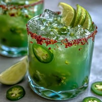 Vibrant pickle margarita mocktail with spicy jalapeño rim, a zesty, refreshing, alcohol-free delight.